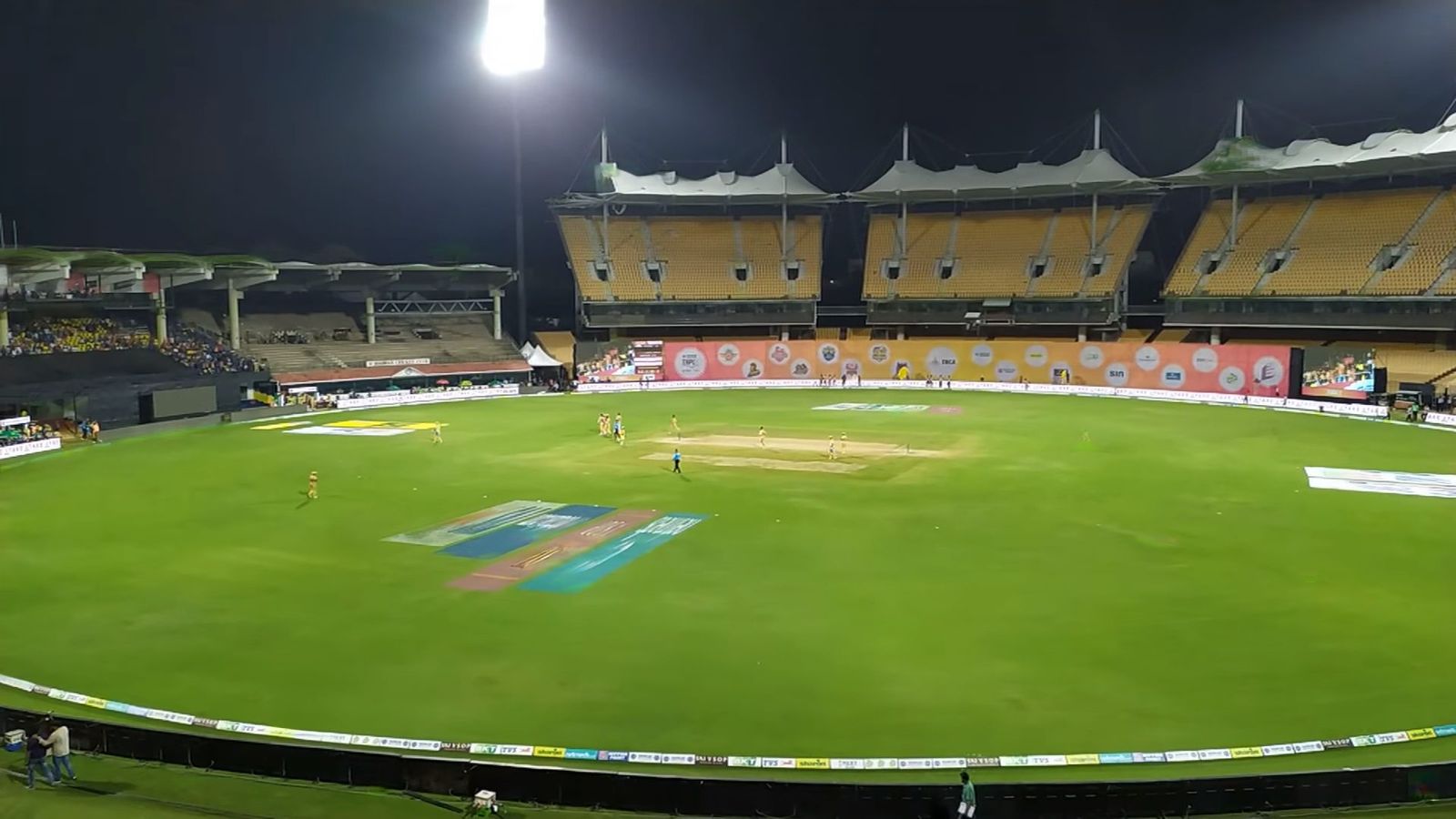 Floodlit cricket match at the M. A. Chidambaram Stadium in Chennai